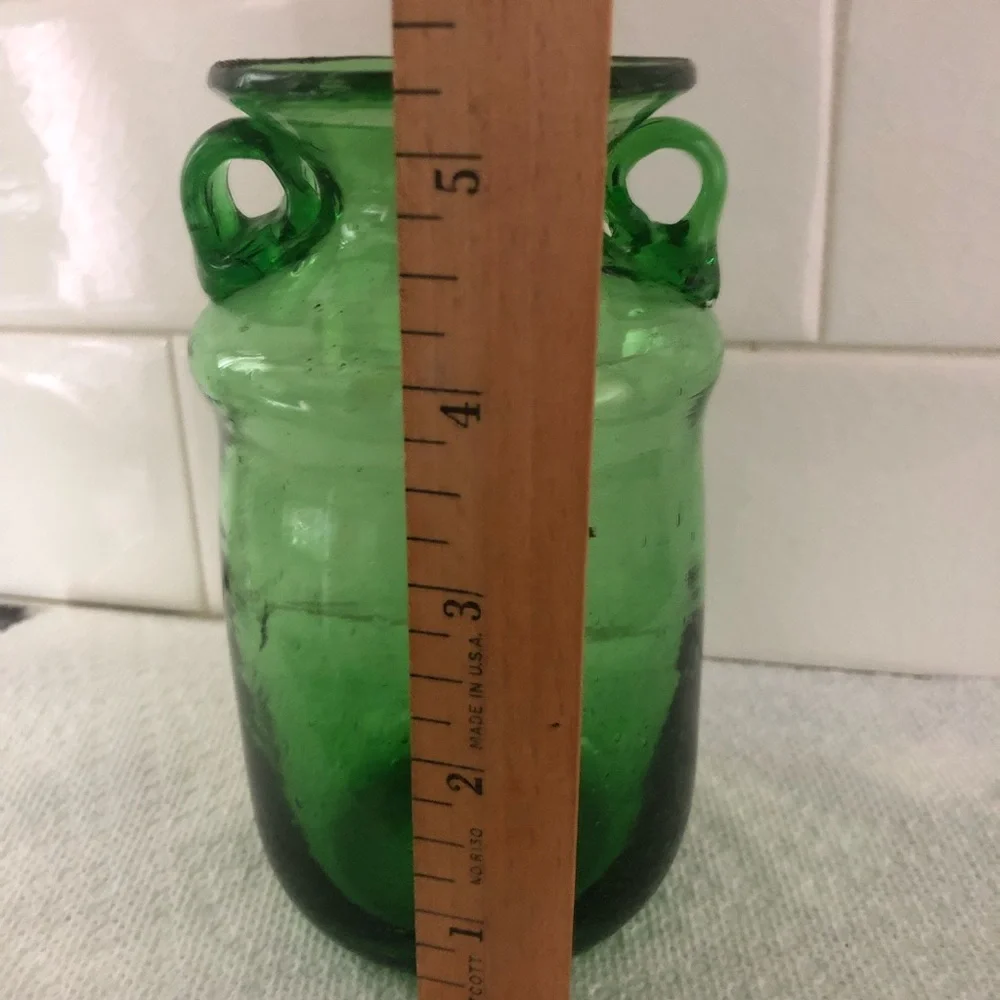 Hand Blown Green Two Handle Glass Vase - Made in Egypt